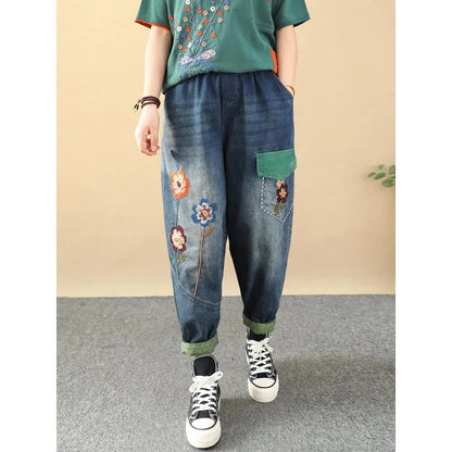 Embroidered Patchwork Ankle-Length Harem Jeans in a casual, relaxed style