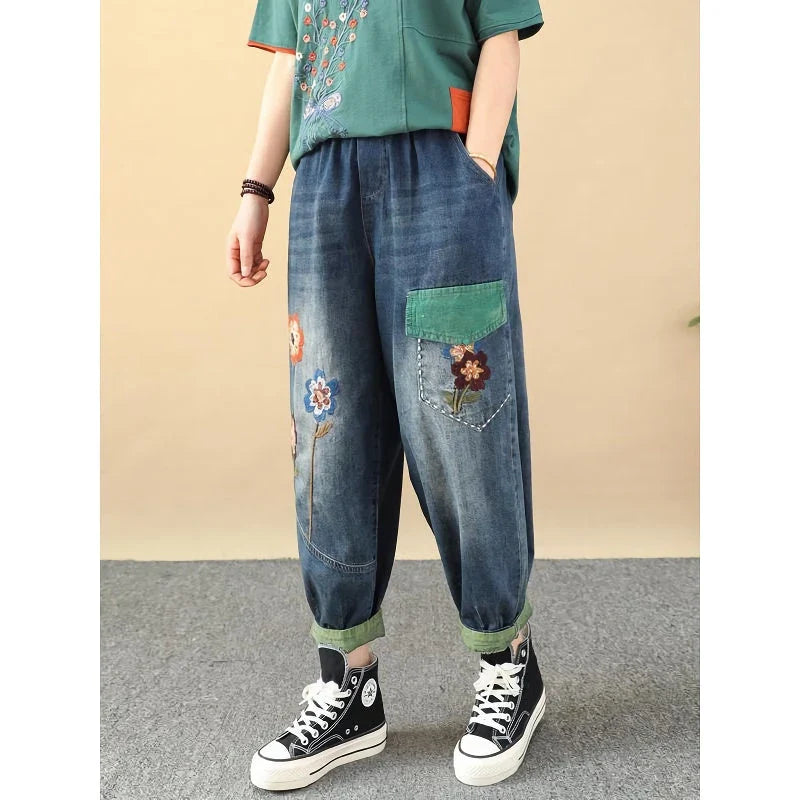 Embroidered Patchwork Ankle-Length Harem Jeans in a casual, relaxed style