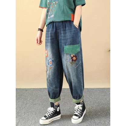 Embroidered Patchwork Ankle-Length Harem Jeans in a casual, relaxed style