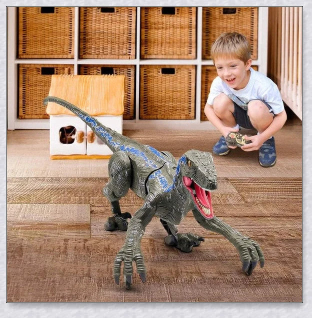 Remote-controlled Jurassic Velociraptor dinosaur toy with realistic movements and 3D eyes