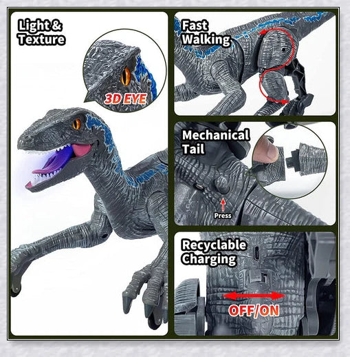 Remote-controlled Jurassic Velociraptor dinosaur toy with realistic movements and 3D eyes