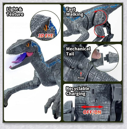 Remote-controlled Jurassic Velociraptor dinosaur toy with realistic movements and 3D eyes