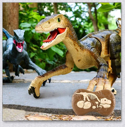 Remote-controlled Jurassic Velociraptor dinosaur toy with realistic movements and 3D eyes