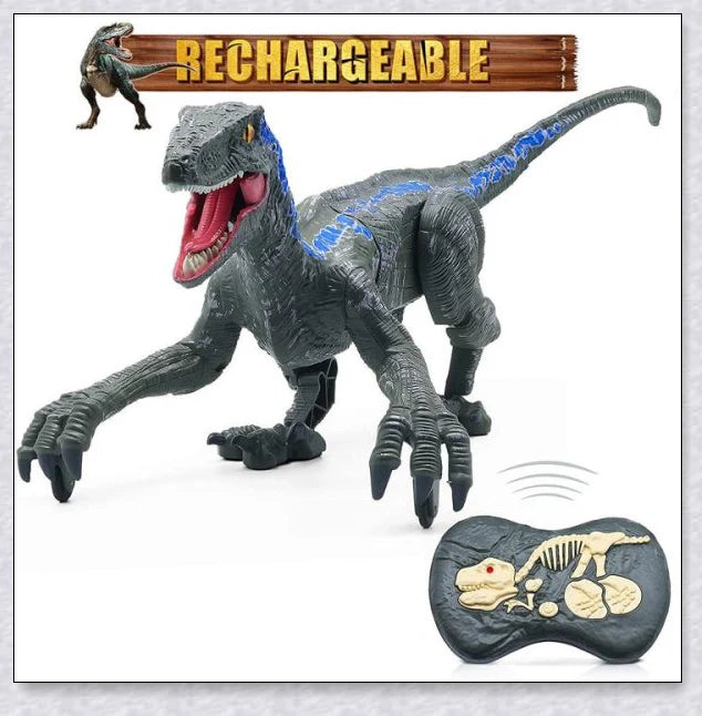 Remote-controlled Jurassic Velociraptor dinosaur toy with realistic movements and 3D eyes