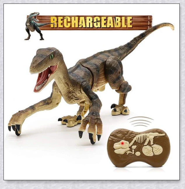 Remote-controlled Jurassic Velociraptor dinosaur toy with realistic movements and 3D eyes