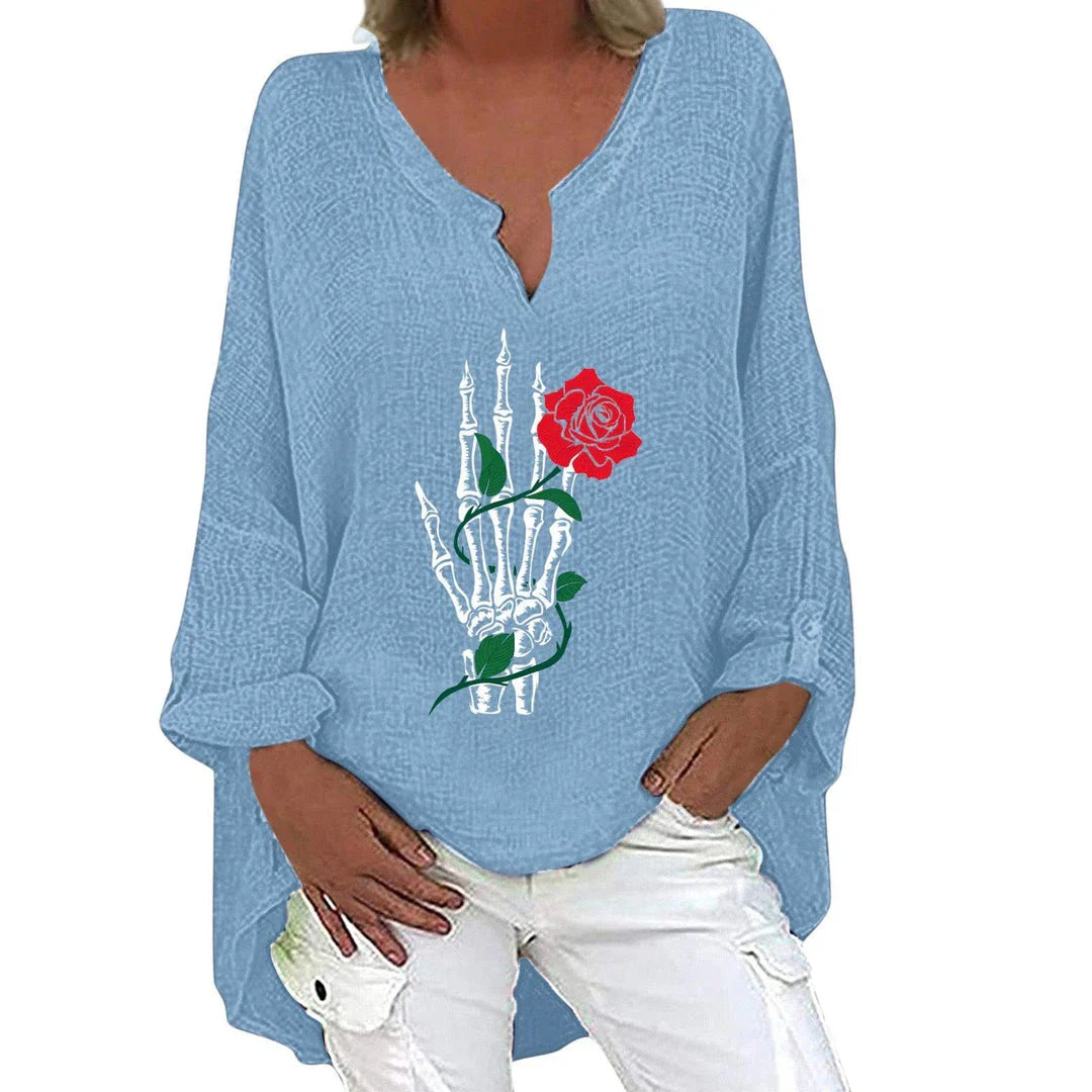 Women's Halloween-themed cotton linen long sleeve shirt with V-neck design and festive print