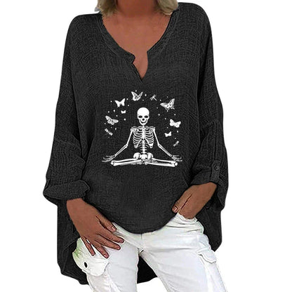 Women's Halloween-themed cotton linen long sleeve shirt with V-neck design and festive print
