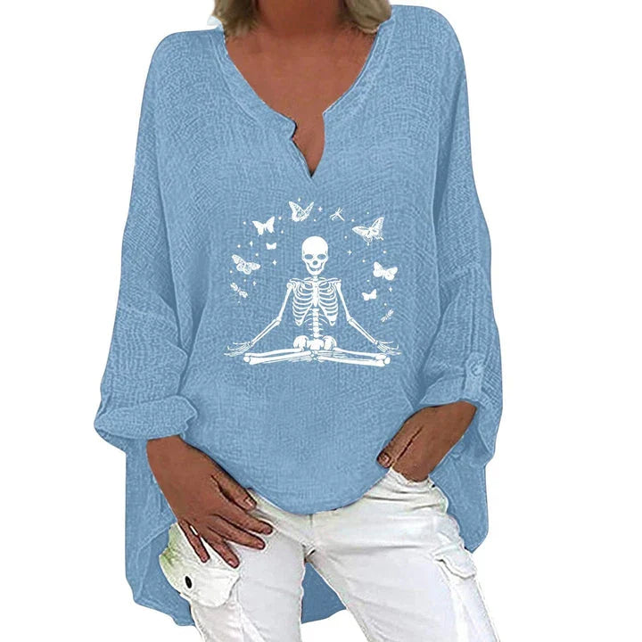 Women's Halloween-themed cotton linen long sleeve shirt with V-neck design and festive print