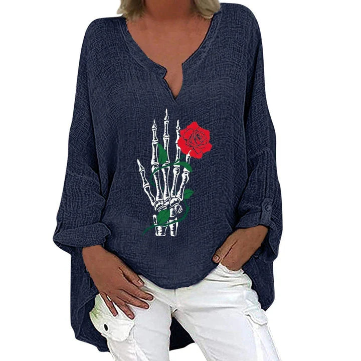 Women's Halloween-themed cotton linen long sleeve shirt with V-neck design and festive print