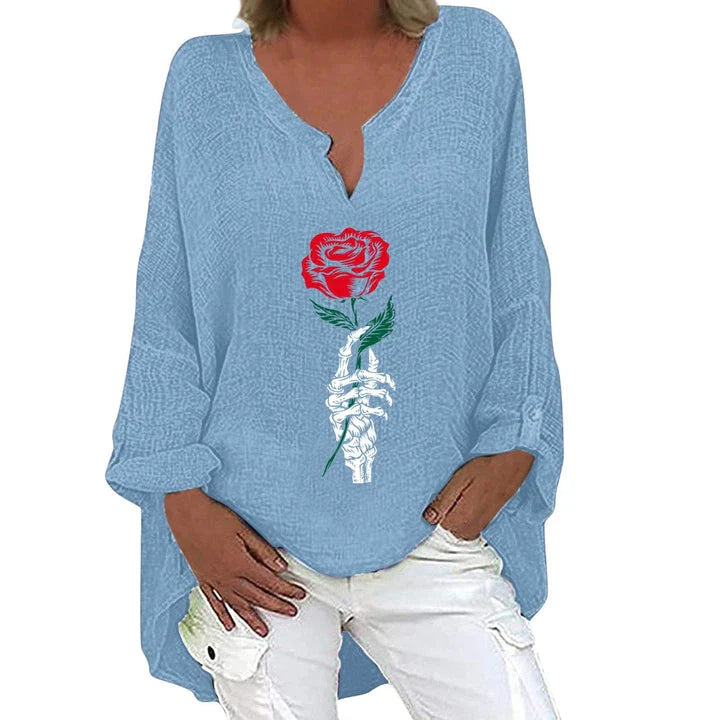 Women's Halloween-themed cotton linen long sleeve shirt with V-neck design and festive print