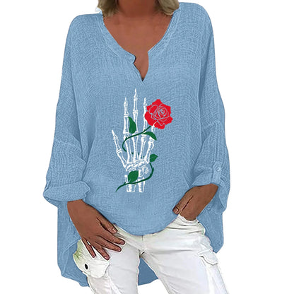Women's Halloween-themed cotton linen long sleeve shirt with V-neck design and festive print