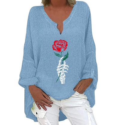 Women's Halloween-themed cotton linen long sleeve shirt with V-neck design and festive print