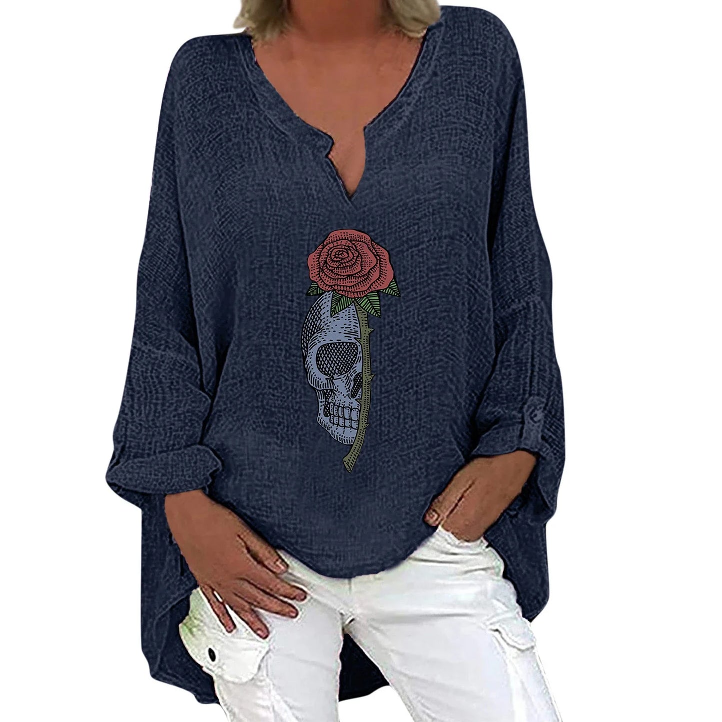 Women's Halloween-themed cotton linen long sleeve shirt with V-neck design and festive print