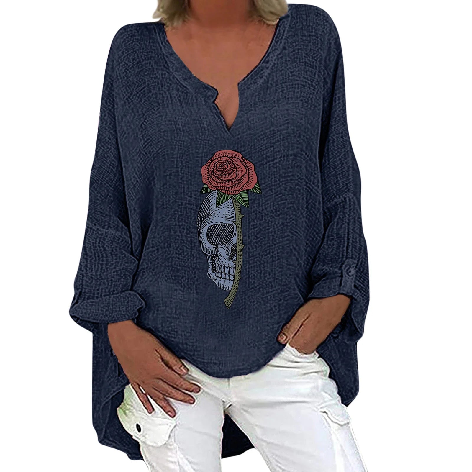 Women's Halloween-themed cotton linen long sleeve shirt with V-neck design and festive print