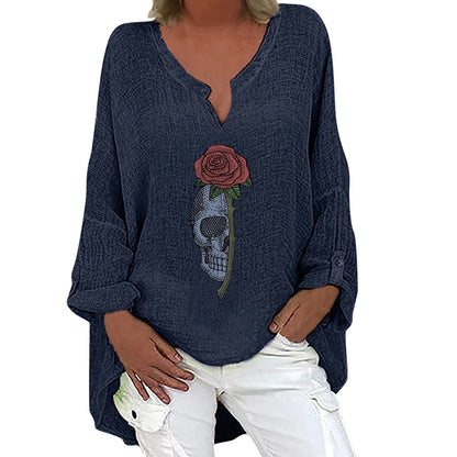 Women's Halloween-themed cotton linen long sleeve shirt with V-neck design and festive print