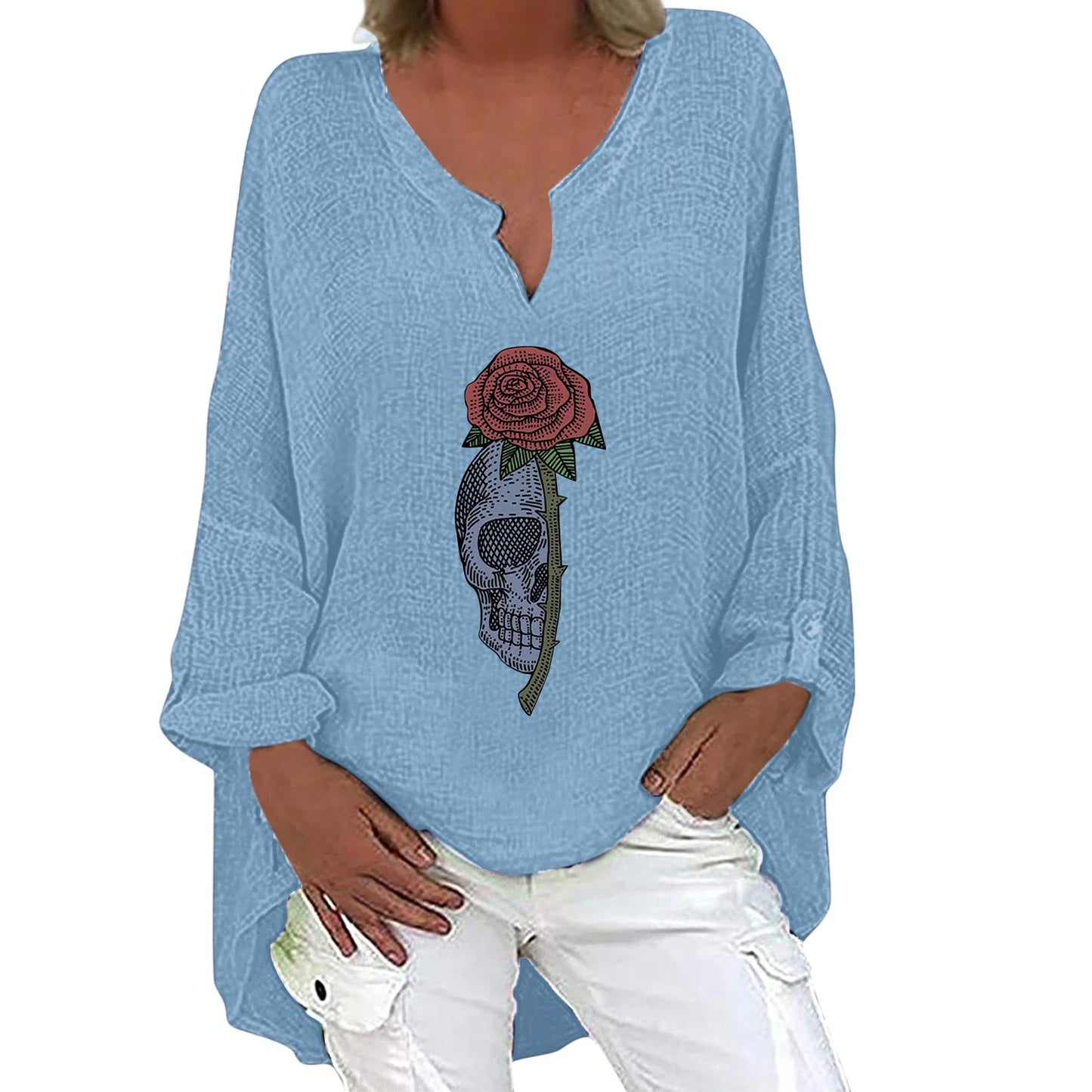 Women's Halloween-themed cotton linen long sleeve shirt with V-neck design and festive print