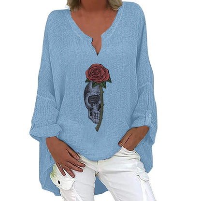 Women's Halloween-themed cotton linen long sleeve shirt with V-neck design and festive print