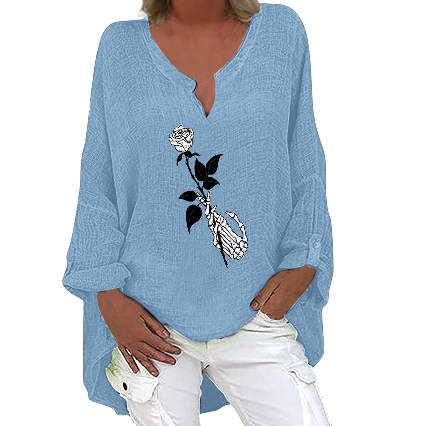 Women's Halloween-themed cotton linen long sleeve shirt with V-neck design and festive print
