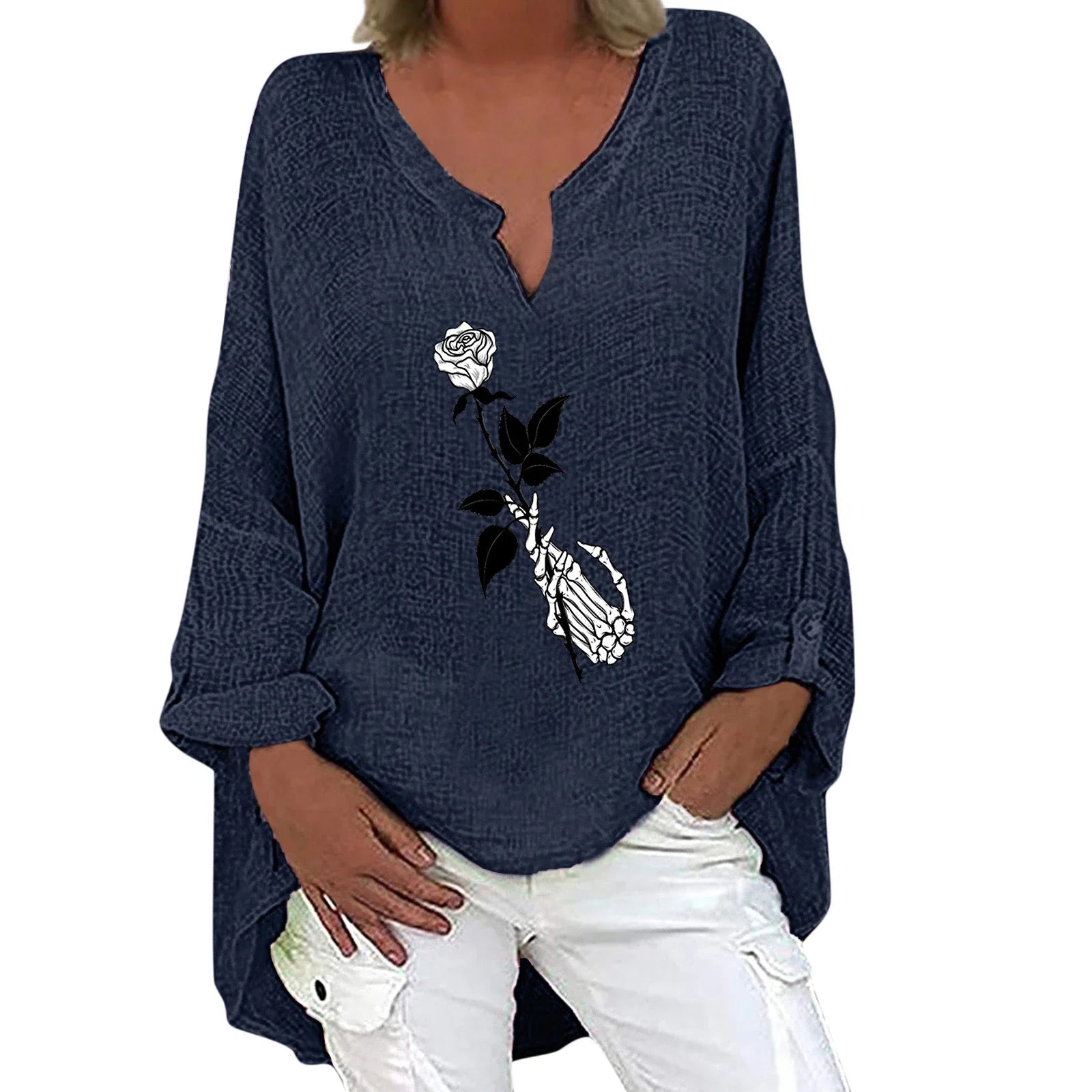 Women's Halloween-themed cotton linen long sleeve shirt with V-neck design and festive print