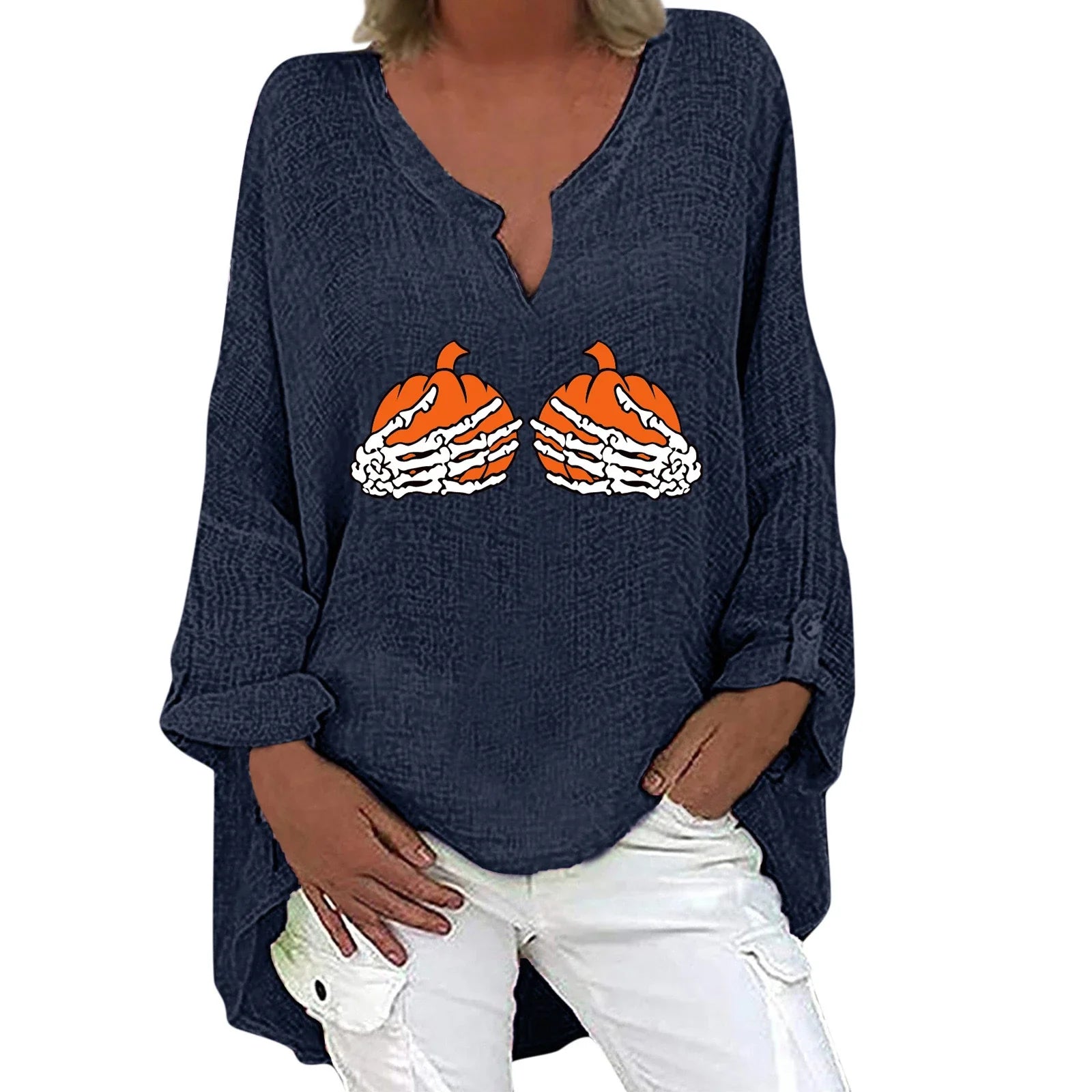Women's Halloween-themed cotton linen long sleeve shirt with V-neck design and festive print
