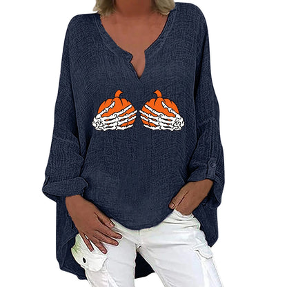 Women's Halloween-themed cotton linen long sleeve shirt with V-neck design and festive print