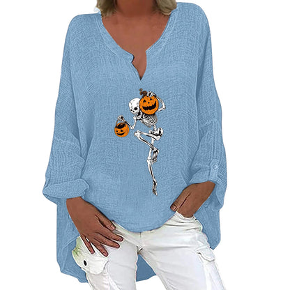 Women's Halloween-themed cotton linen long sleeve shirt with V-neck design and festive print
