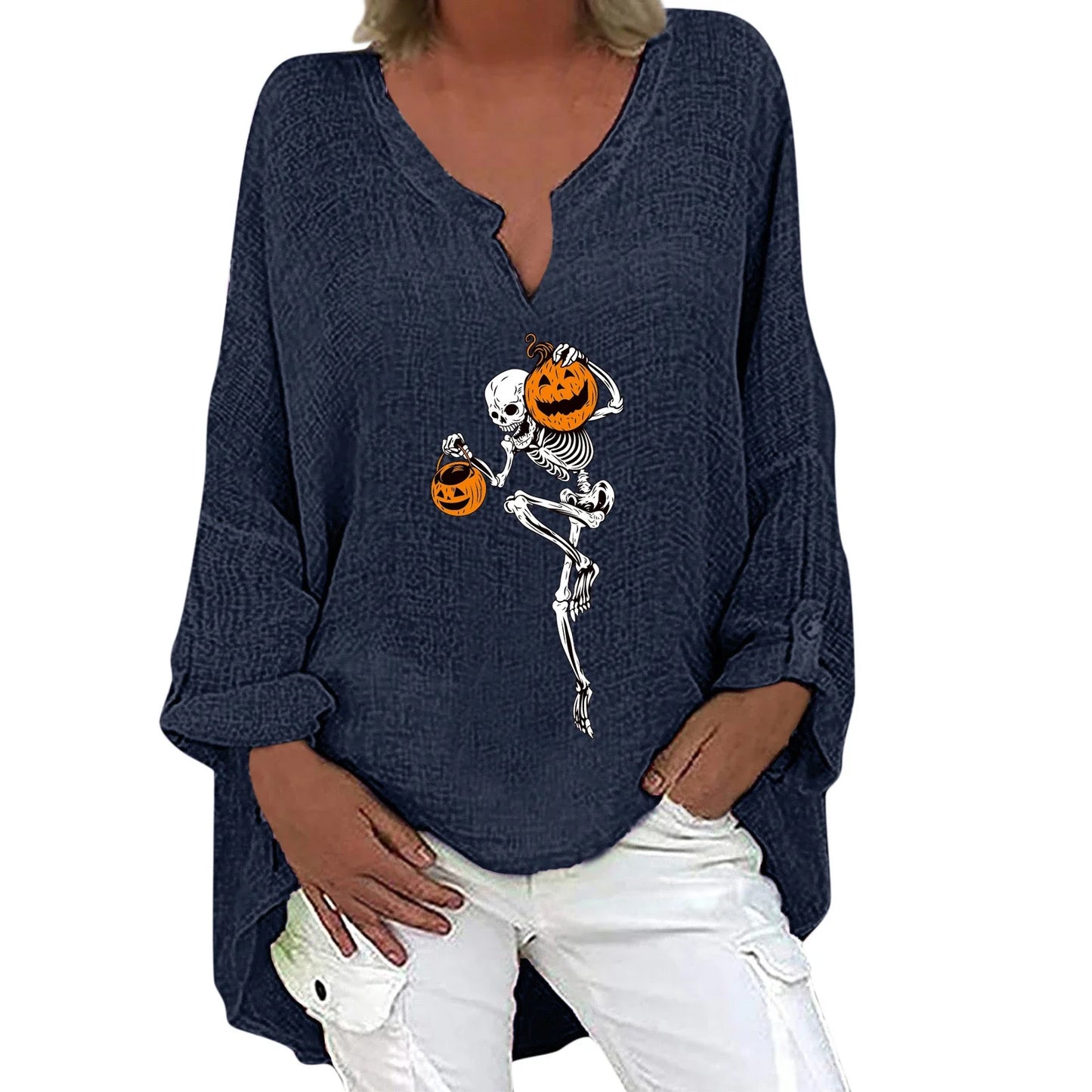 Women's Halloween-themed cotton linen long sleeve shirt with V-neck design and festive print