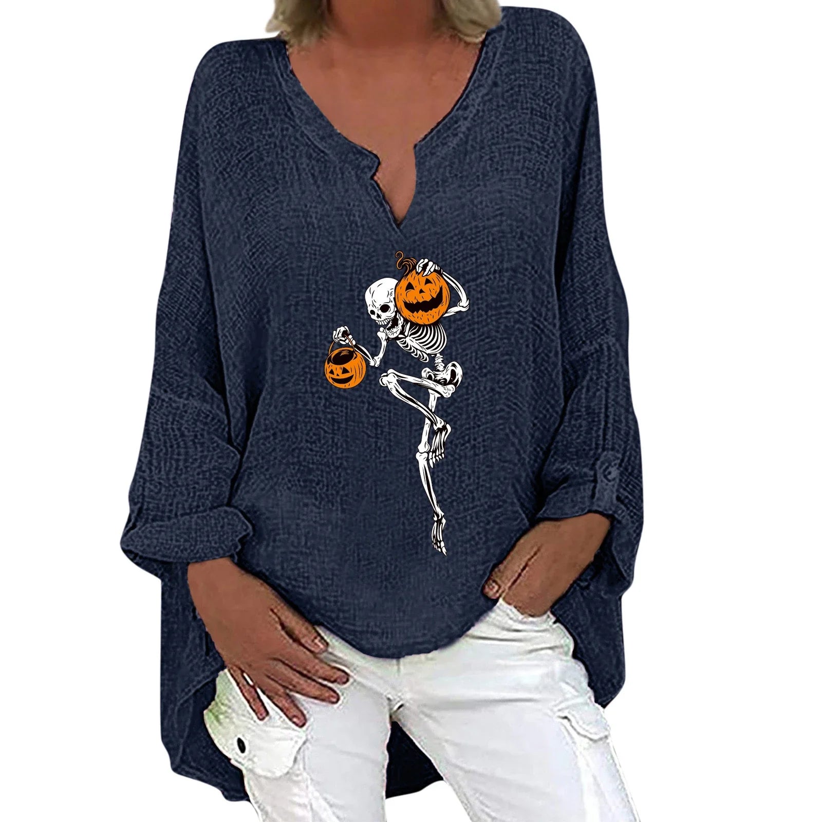 Women's Halloween-themed cotton linen long sleeve shirt with V-neck design and festive print