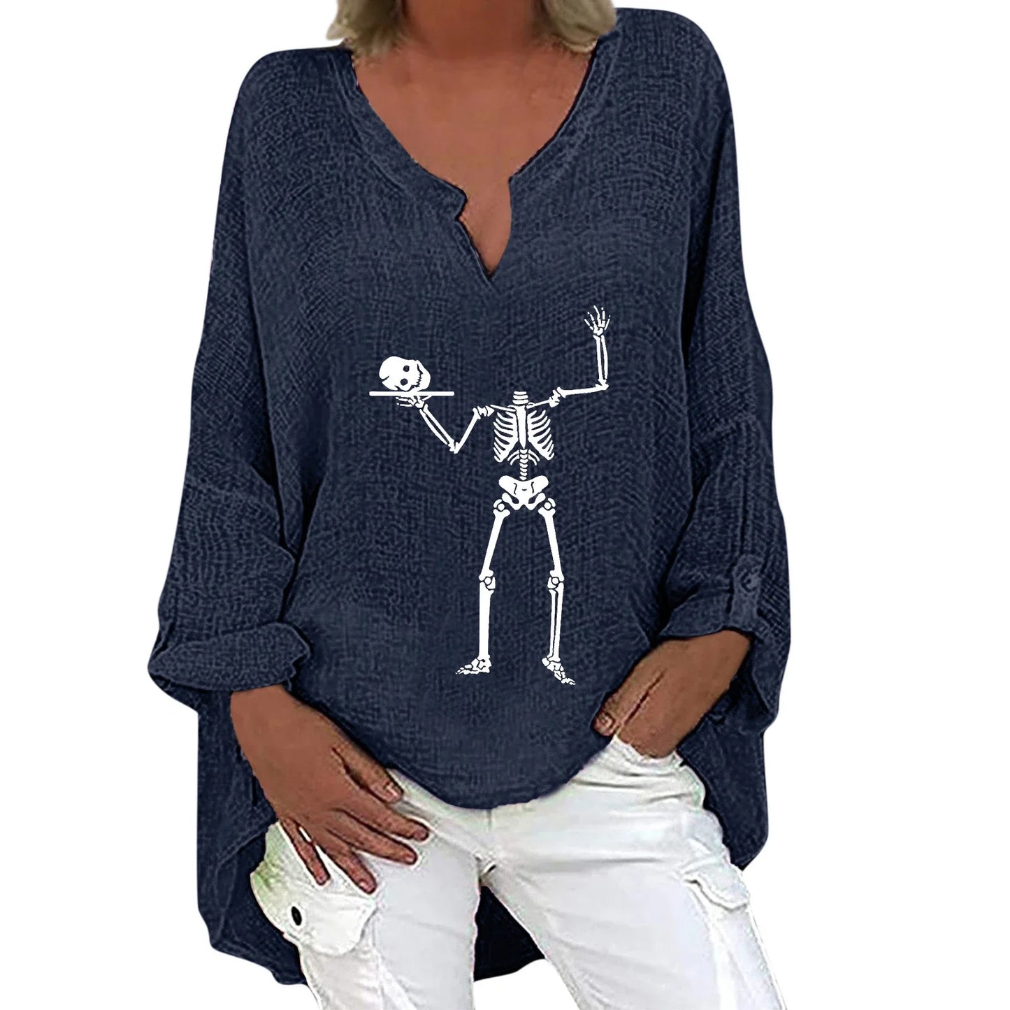 Women's Halloween-themed cotton linen long sleeve shirt with V-neck design and festive print