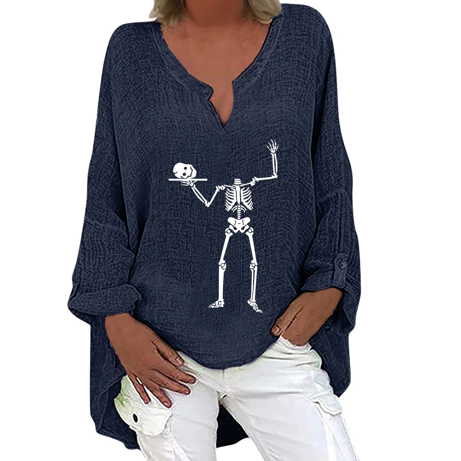 Women's Halloween-themed cotton linen long sleeve shirt with V-neck design and festive print