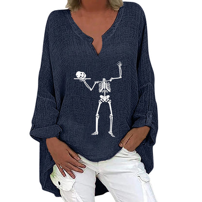 Women's Halloween-themed cotton linen long sleeve shirt with V-neck design and festive print
