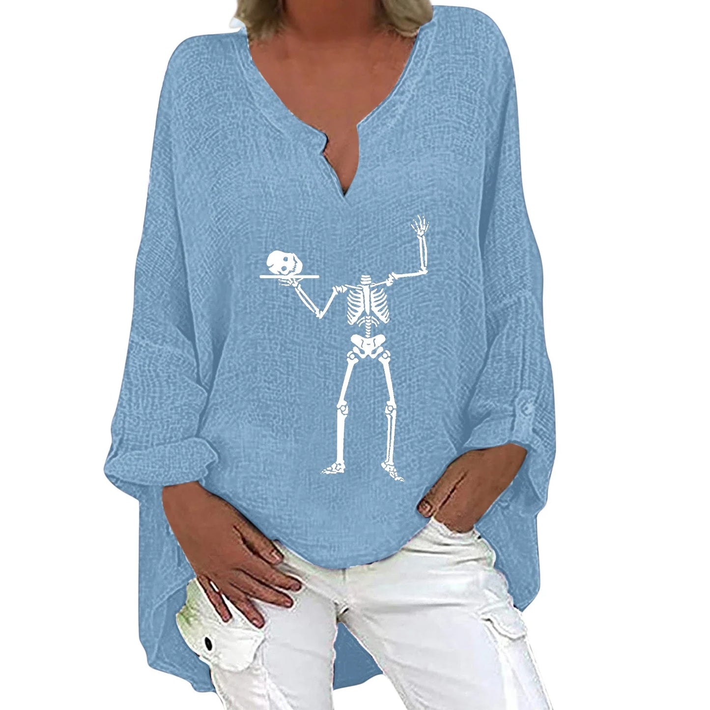 Women's Halloween-themed cotton linen long sleeve shirt with V-neck design and festive print