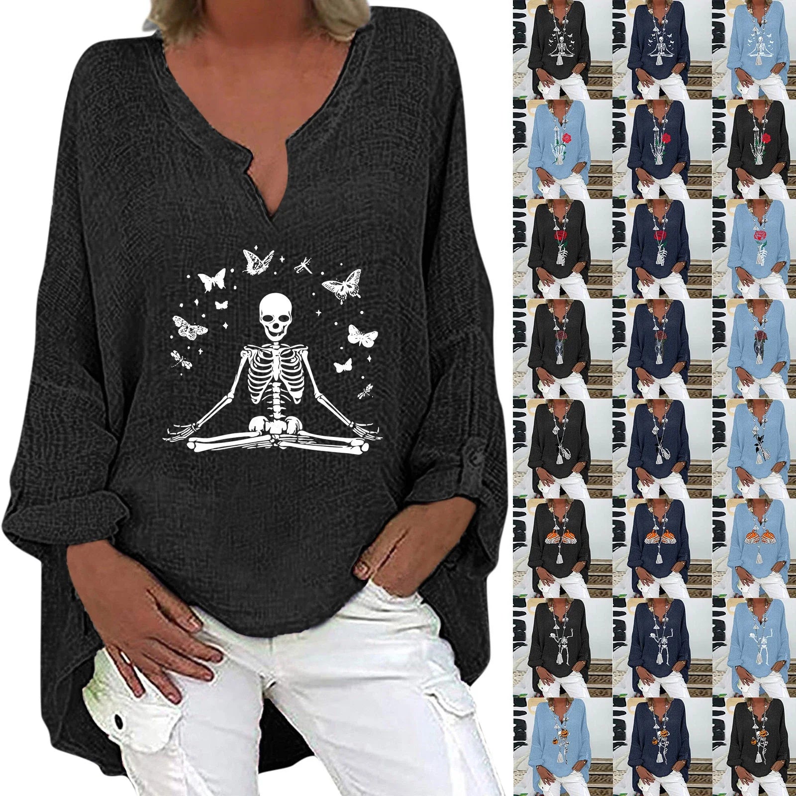 Women's Halloween-themed cotton linen long sleeve shirt with V-neck design and festive print
