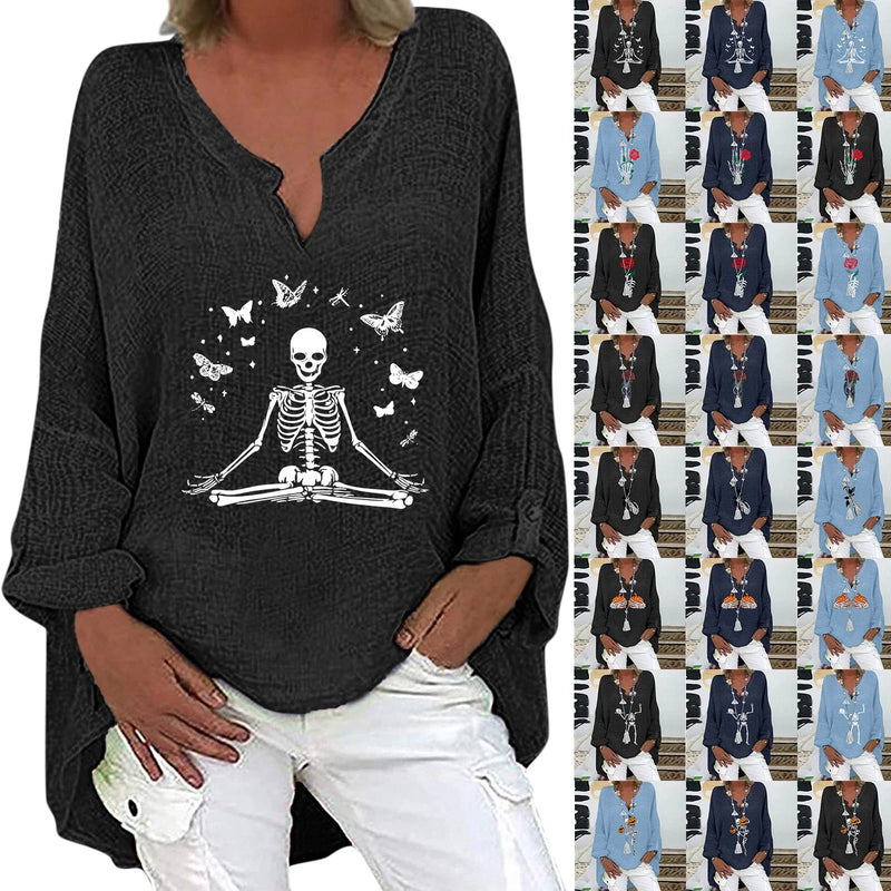 Hhomeenjoy  Halloween Themed Print V-neck Cotton Linen Long Sleeve Shirt For Women