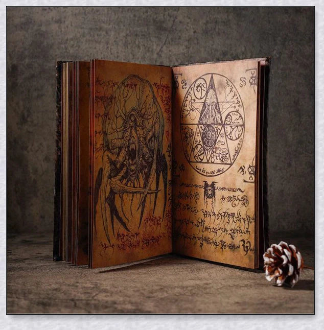 Necronomicon-inspired dark magic prop book with demonic face binding and barbed wire wrapping
