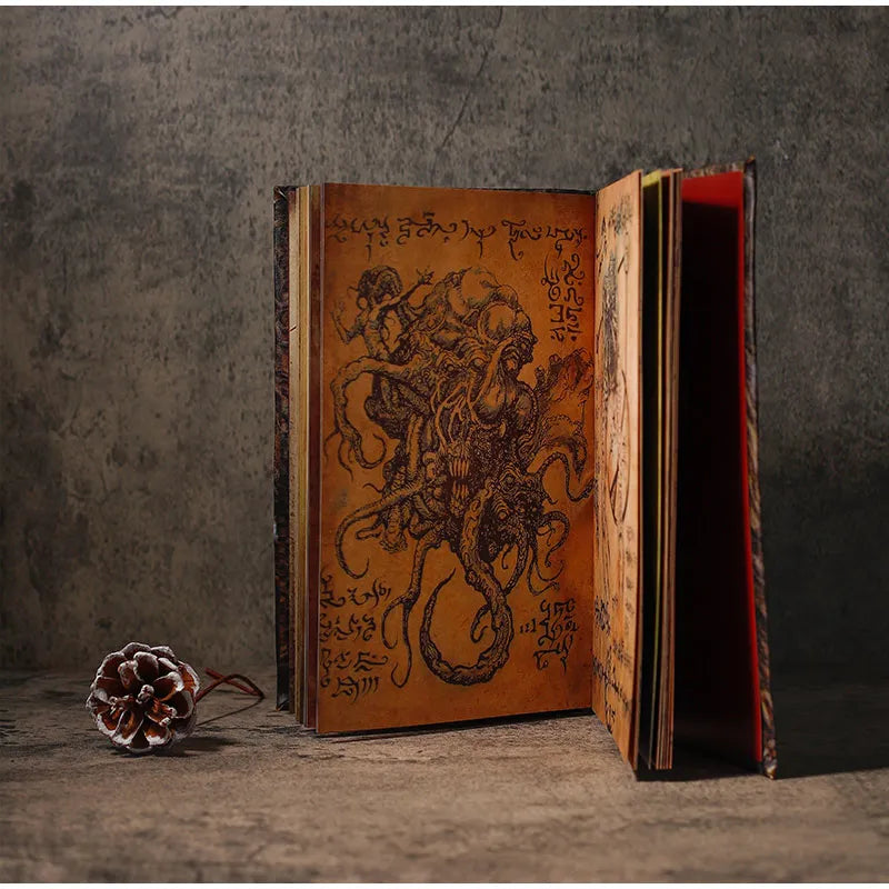 Necronomicon-inspired dark magic prop book with demonic face binding and barbed wire wrapping