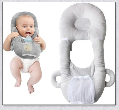 A soft, supportive pillow designed for hands-free baby feeding, featuring a secure bottle holder and premium, BPA-free materials.