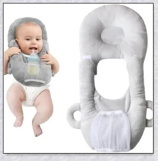 A soft, supportive pillow designed for hands-free baby feeding, featuring a secure bottle holder and premium, BPA-free materials.