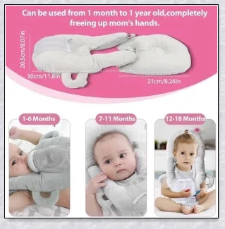 A soft, supportive pillow designed for hands-free baby feeding, featuring a secure bottle holder and premium, BPA-free materials.