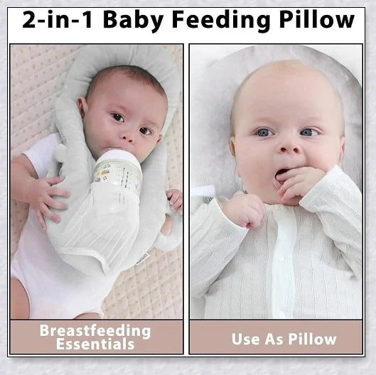 A soft, supportive pillow designed for hands-free baby feeding, featuring a secure bottle holder and premium, BPA-free materials.