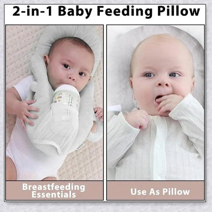 A soft, supportive pillow designed for hands-free baby feeding, featuring a secure bottle holder and premium, BPA-free materials.