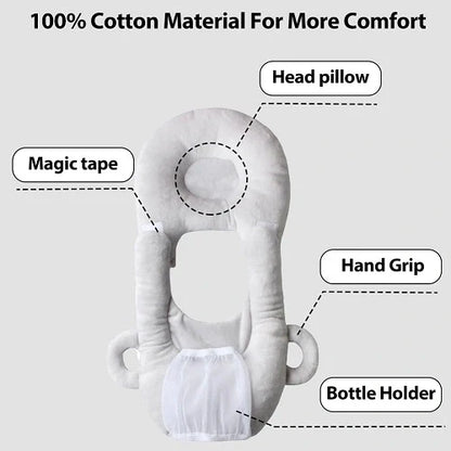 A soft, supportive pillow designed for hands-free baby feeding, featuring a secure bottle holder and premium, BPA-free materials.