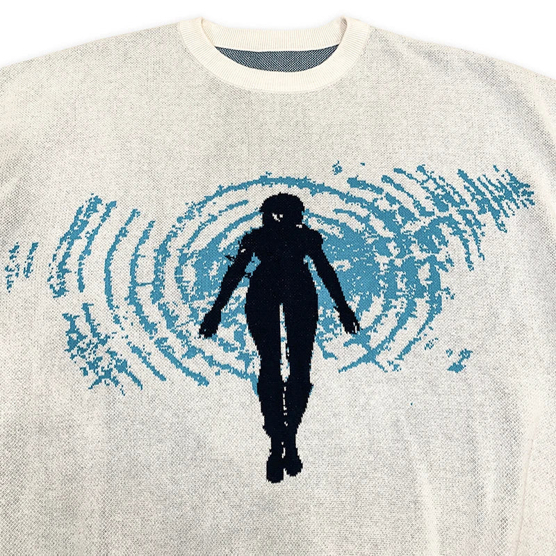 Fashion Women's Cartoon Pullover Round Neck Loose Sweater in blue color