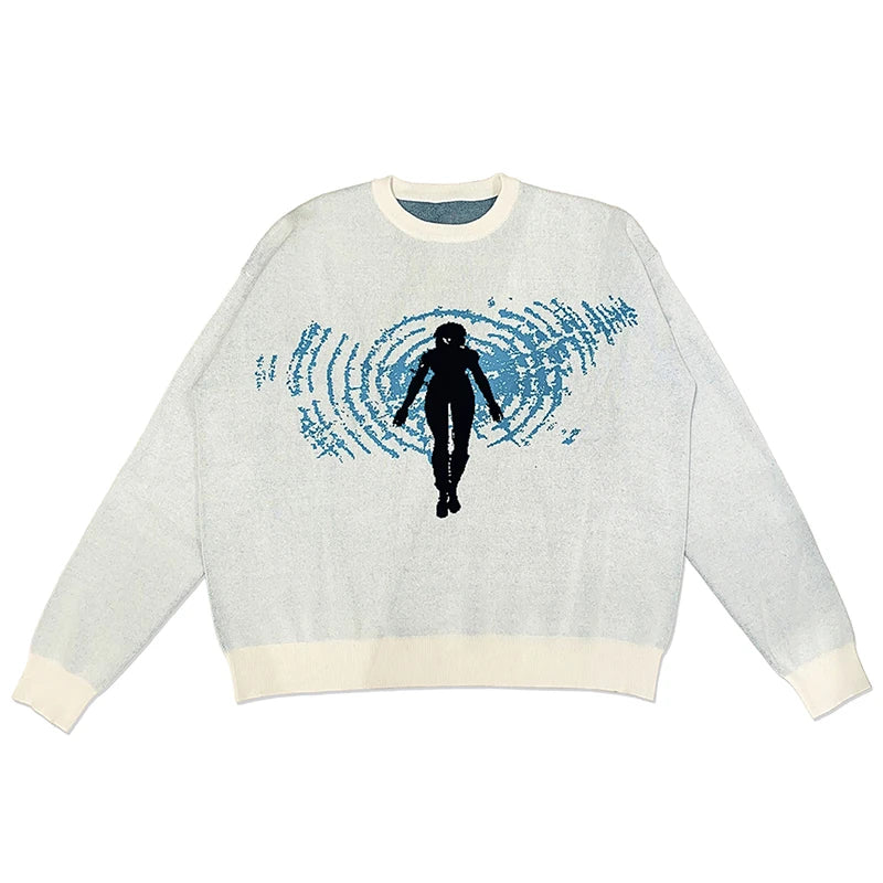 Fashion Women's Cartoon Pullover Round Neck Loose Sweater in blue color