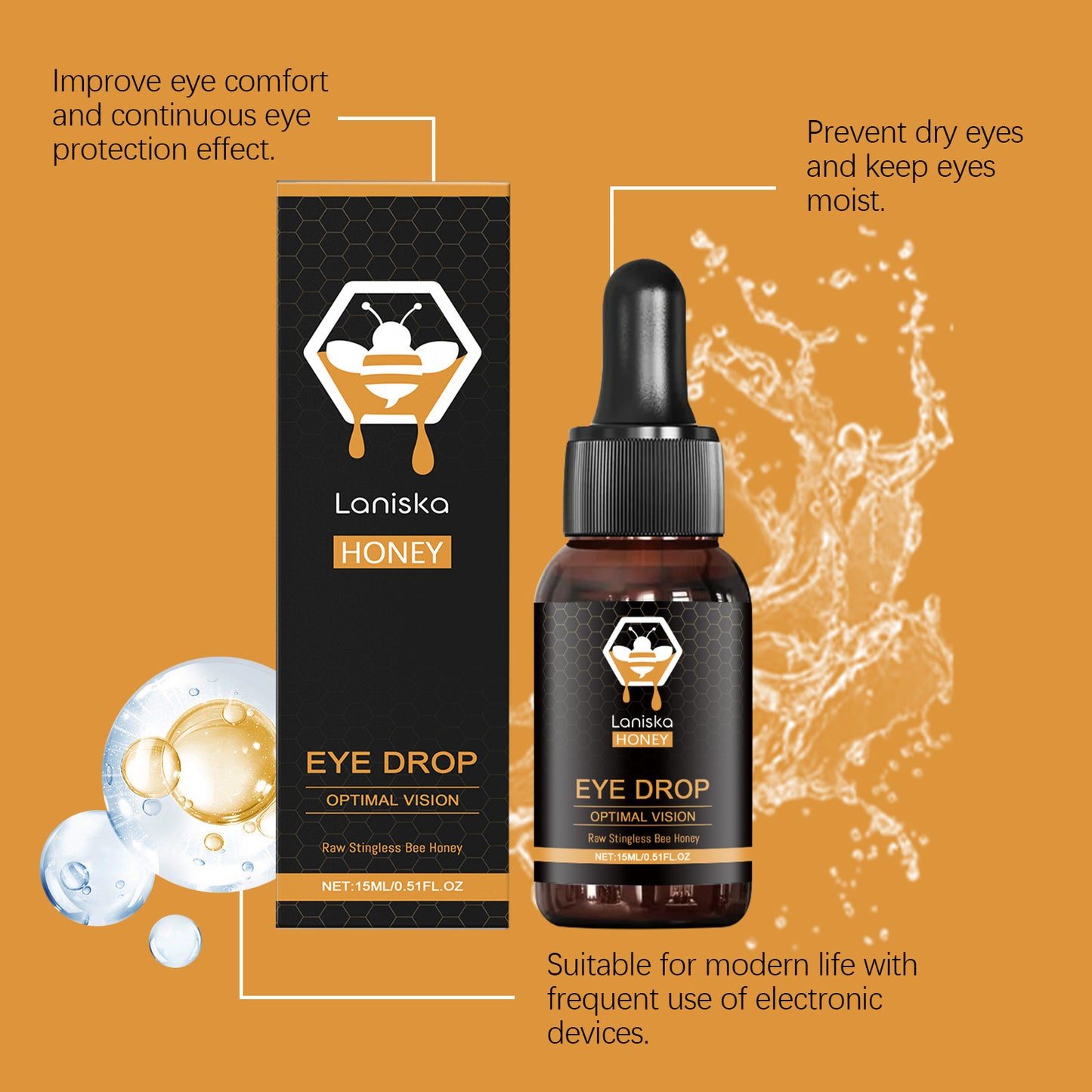 Honey-based eye drops with 15ml fluid capacity to relieve eye fatigue and discomfort using natural honey as the active ingredient alongside sorbitol and sodium hyaluronate