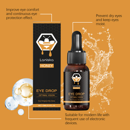 Honey-based eye drops with 15ml fluid capacity to relieve eye fatigue and discomfort using natural honey as the active ingredient alongside sorbitol and sodium hyaluronate