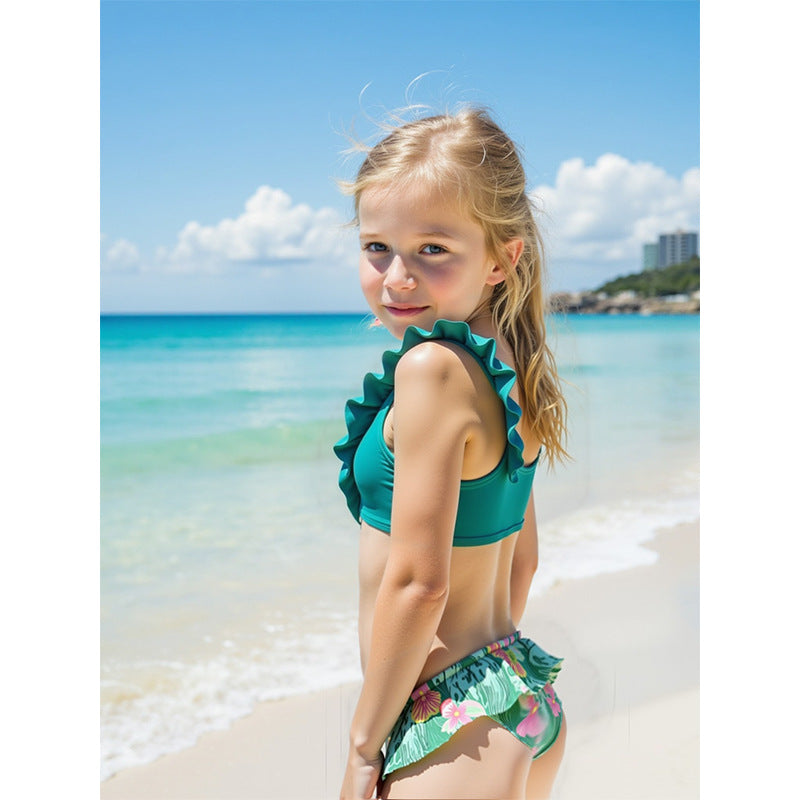 hhomeenjoy.com Girl's Green Bikini Swimsuit in Multiple Sizes-Adorable Little Kids Ruffle-Trim Bikini - Solid Color 2-Piece Girls Swimsuit Set