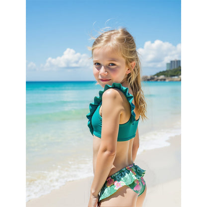 hhomeenjoy.com Girl's Green Bikini Swimsuit in Multiple Sizes-Adorable Little Kids Ruffle-Trim Bikini - Solid Color 2-Piece Girls Swimsuit Set