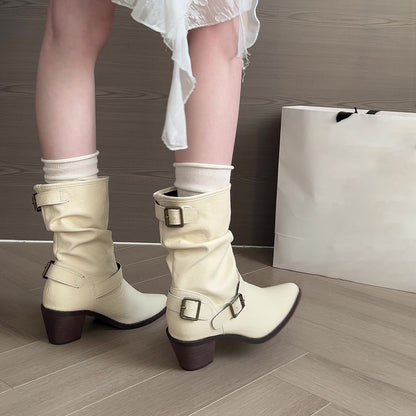 Women's chunky heel boots with a 2.5cm flat heel and middle calf length, available in white and khaki colours across sizes 35-42, featuring PU upper material and viscose sole construction for all-day wear.