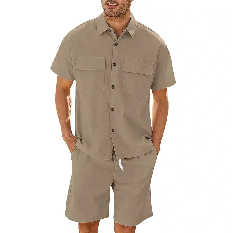 Men's summer suit set with short sleeve lapel shirt and drawstring shorts in various colors